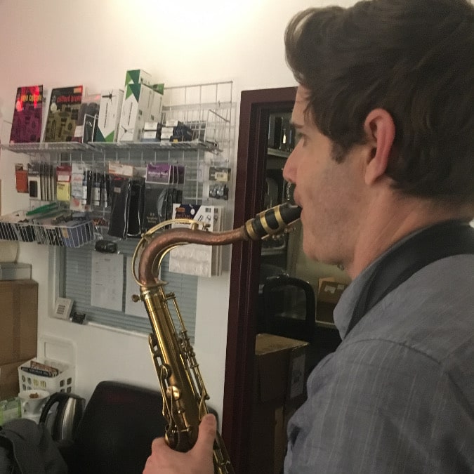 Saxophonist Ben Wendel playtesting a KB Sax saxophone neck on a Selmer SBA tenor