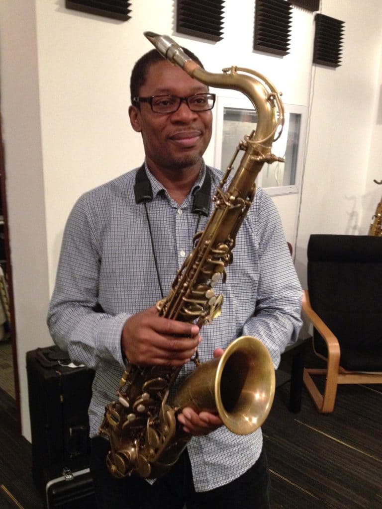 Saxophonist Ravi Coltrane with his Redwood brass KB neck in 2016, an early model of KB Sax saxophone neck.